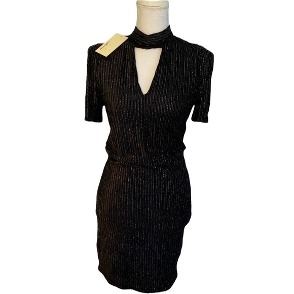 The Korner Black Silver Velvet V Keyhole Neck Dress Stretch Ribbed Bodycon - Picture 1 of 5